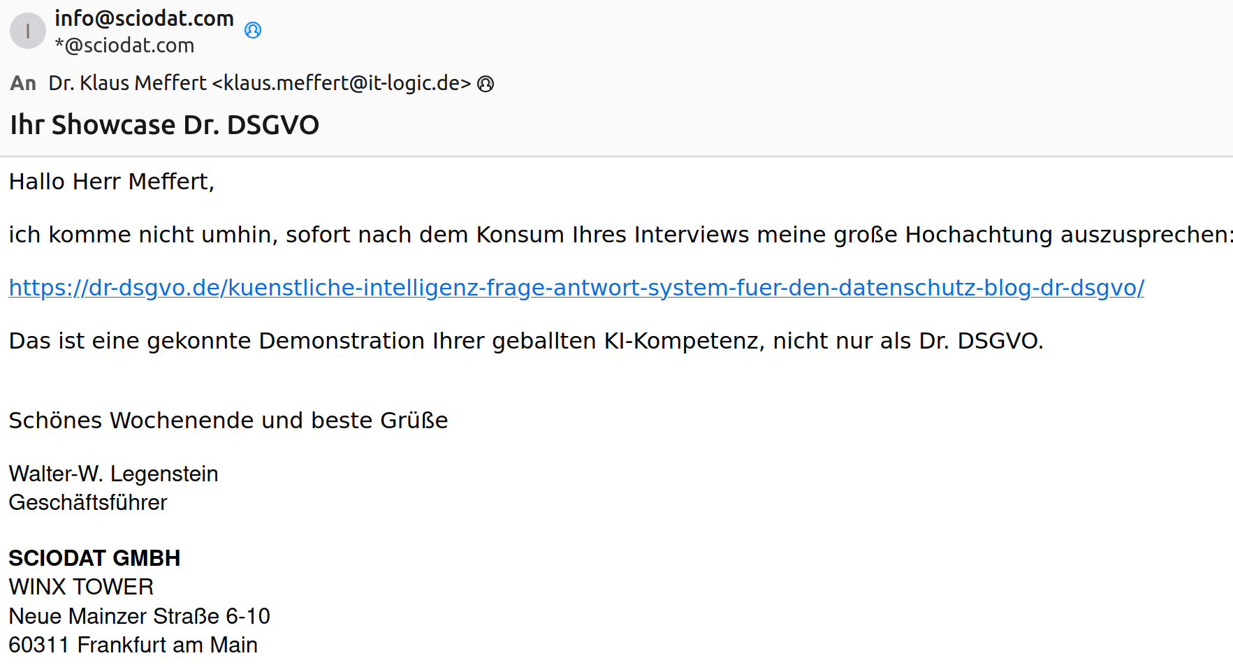 Lob eines Kunden